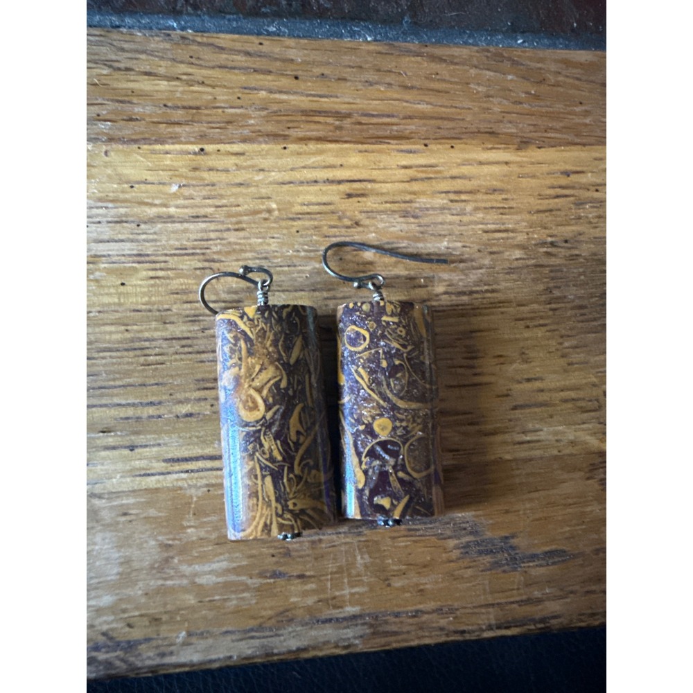 Handmade Earthy Brown Yellow Swirl Cylinder Dangle Drop Earrings Boho Organic